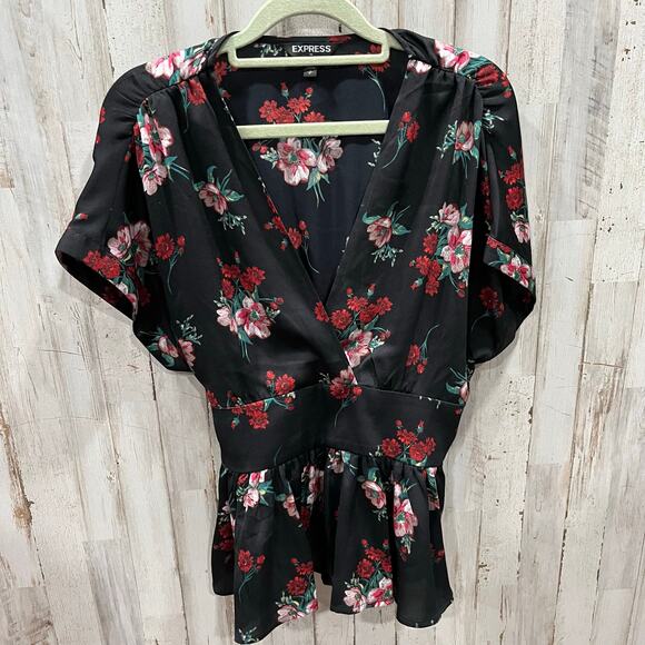 Express Black Rose Red Floral Peplum Tie Back Dark Floral Top Goth Whimsy Small - Picture 1 of 8